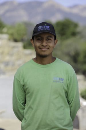 A man in a green shirt standing in front of a mountain.
